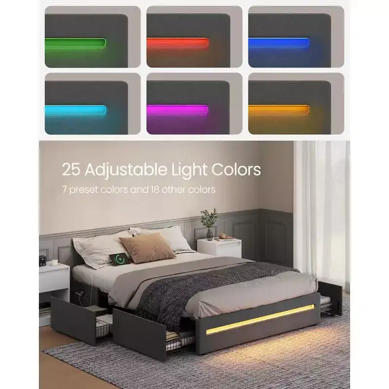 LED Bed Frame Full/Queen Size with 4 Drawers and Charging Station, Full/Queen Bed Frame with 1 USB Port and 1 Type C Port, Dark Gray