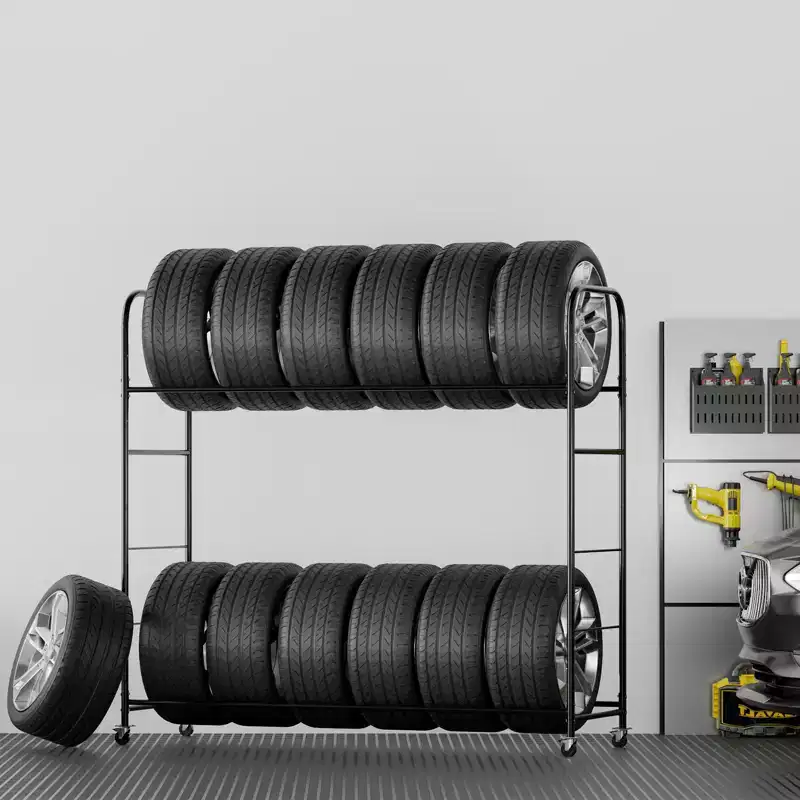 VEVOR Rolling Tire Storage Rack, 2-Shelf Tire Holder and Transport Trailer for Garage, Heavy-Duty Steel Tire Storage Cart with Wheel, Black