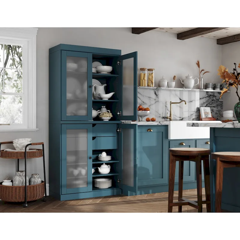 100% Solid Wood Pantry Cabinet with Frosted Glass Doors, 2-Drawers and Adjustable Shelves - 32 x 71.5