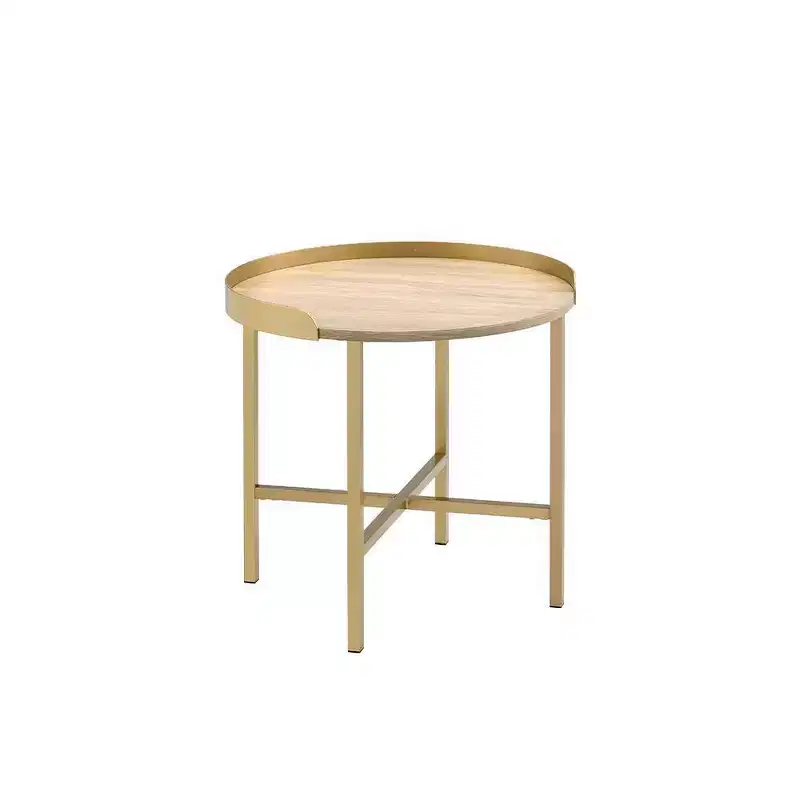 22" Mithea Accent Table Oak Top, Gold Metal Base - Acme Furniture: Round, Cross Bar Design, No Tools Assembly