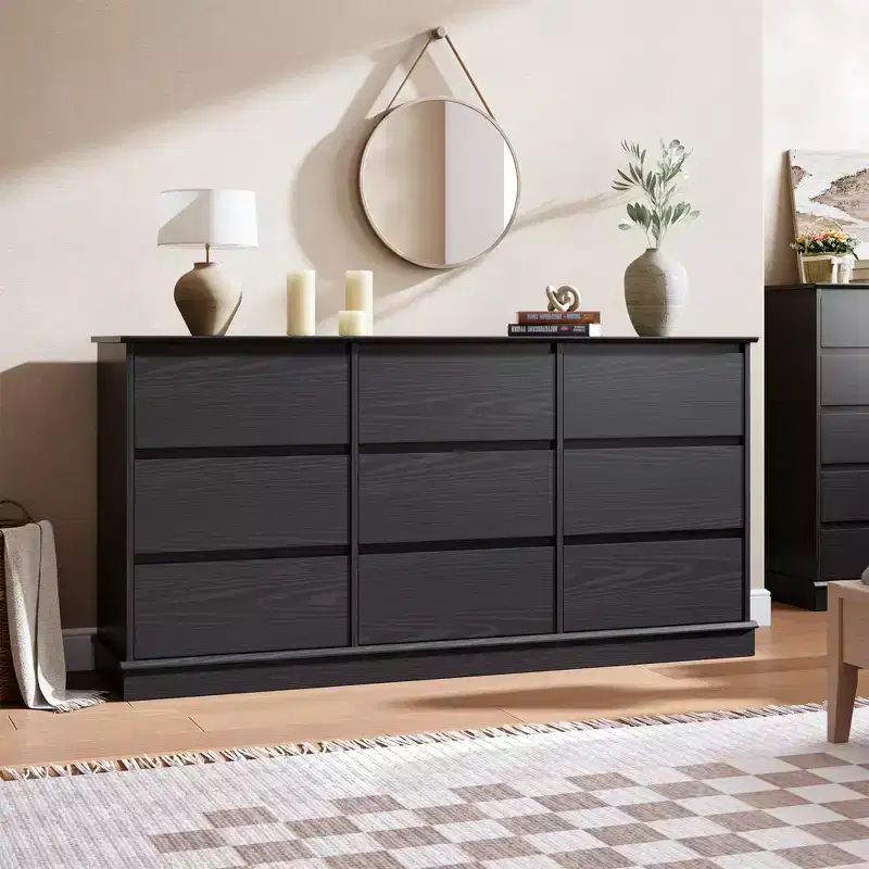 9-Drawer Black Wood Dresser, Horizontal Chest with Deep Drawers & Wide Top, Double Storage for Bedroom, Kids Room, Closet, Living Room