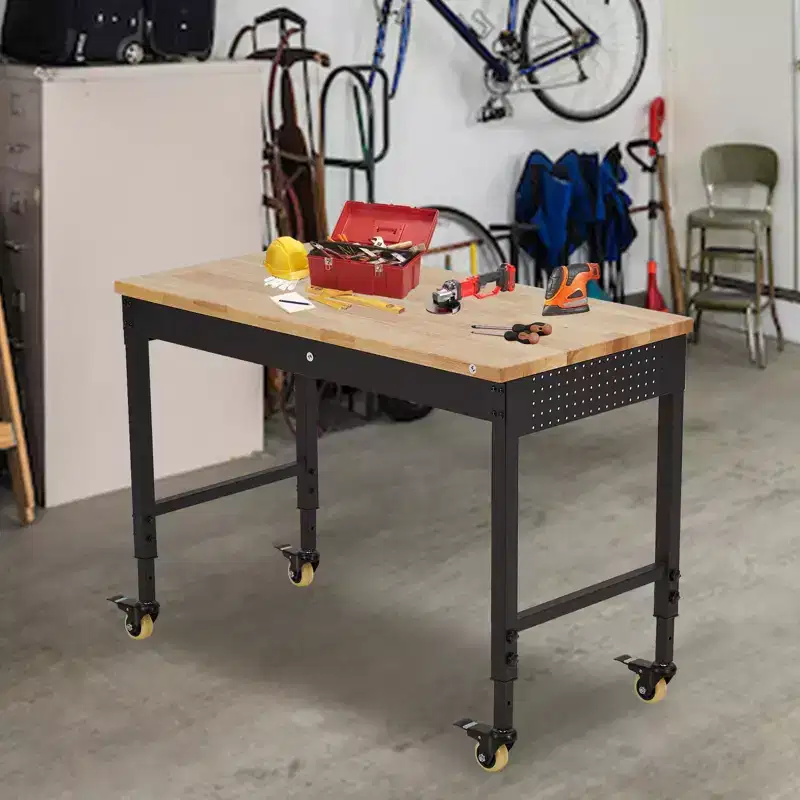Workbench Adjustable Height 48 x 24 Worktable, Heavy Duty Rubber Wood Top Workbench with Drawer Storage Pegboard, 2000LBS Load Capacity,Tool Storage