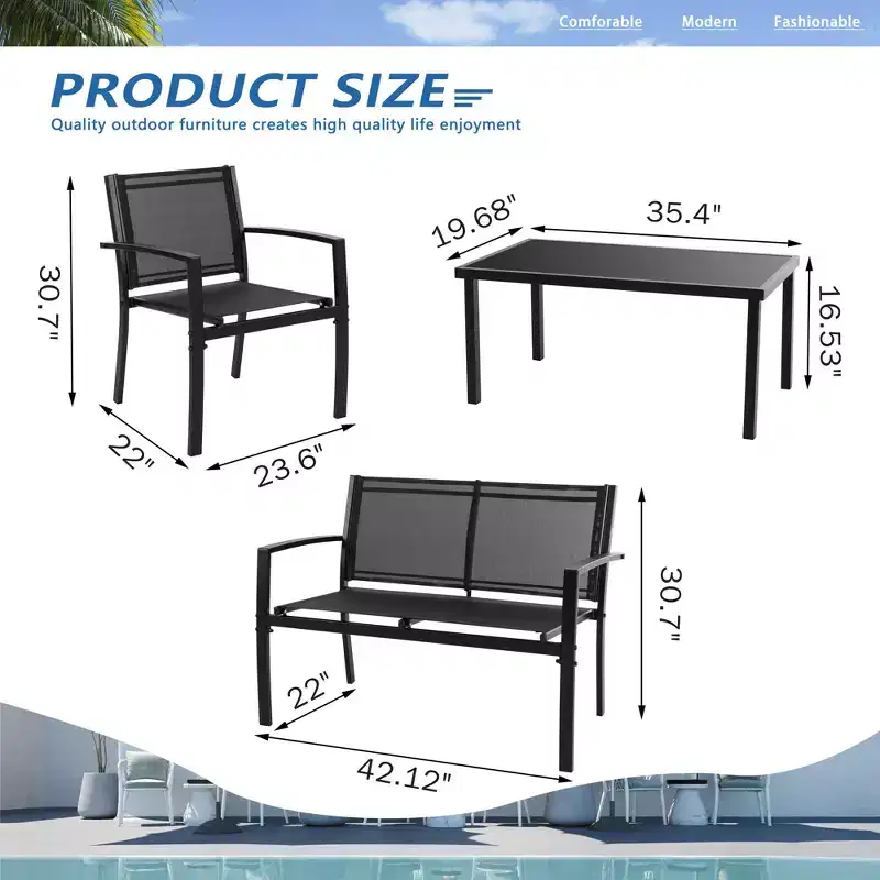 Celebalcony 4 Pieces Patio Furniture Set. All Weather Textile Fabric Outdoor Conversation Set with Glass Coffee Table,Loveseat,2 Single Chairs