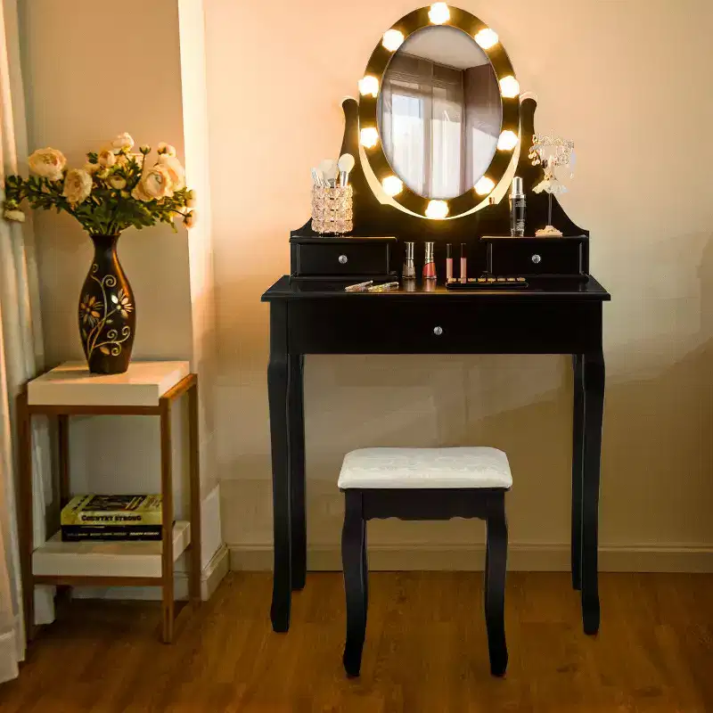 Bedroom Vanity Set with 10 LED Bulbs, 360° Mirror & 3 Drawers – Black, Pine Wood