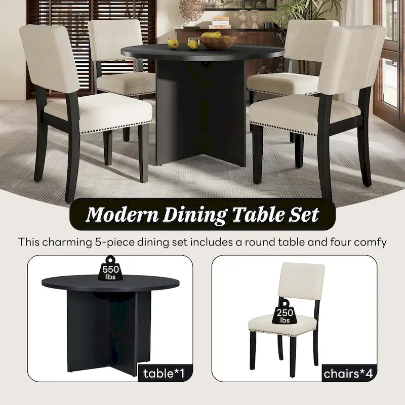 Sakin Modern 5-Piece Round Dining Table Set with Pedestal Base and Upholstered Chairs by GDFStudio