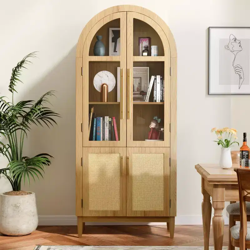 MAYEERTY 71 Tall Arched Storage Cabinets Modern Kitchen Cabinet with Glass Door Solid Wood Legs Shelves for Living Room Natural