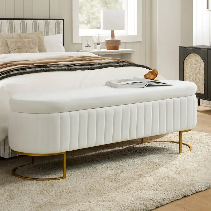 Channel-Tufted Upholstered Storage Bench with U-Shape Metal Legs – Mustard / Ivory / Navy, 2-Person Use