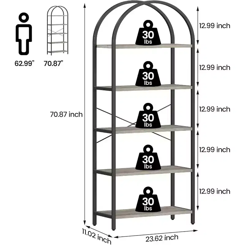 5-Tier Arched Bookcase with Metal Frame