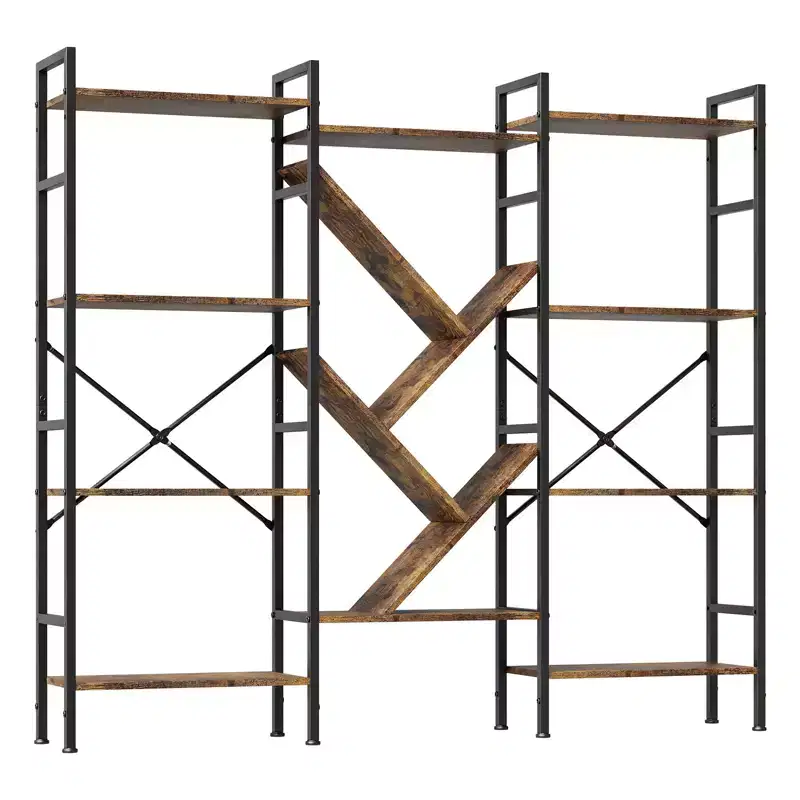 Acekool Industrial 4 Tier Wood Bookshelf with 14 Shelves Rustic Metal Frame Rack for Living Room Office