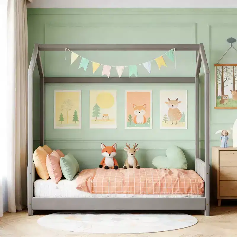 Velvet House Bed for Kids' Room, Gray