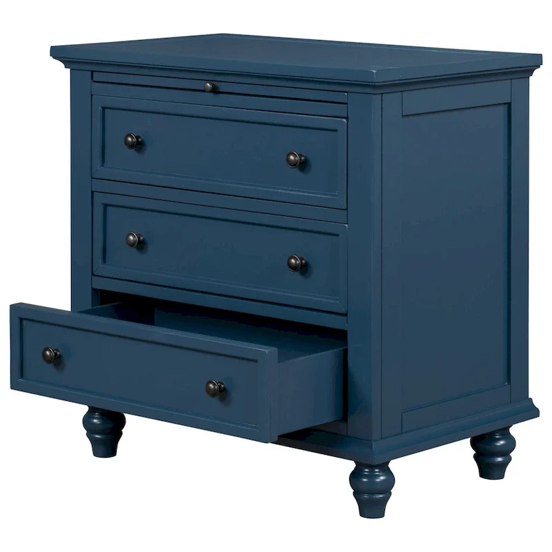 Solid Pine Wood End Table with Pull-out Tray and 3 Drawer, Easy Assembly