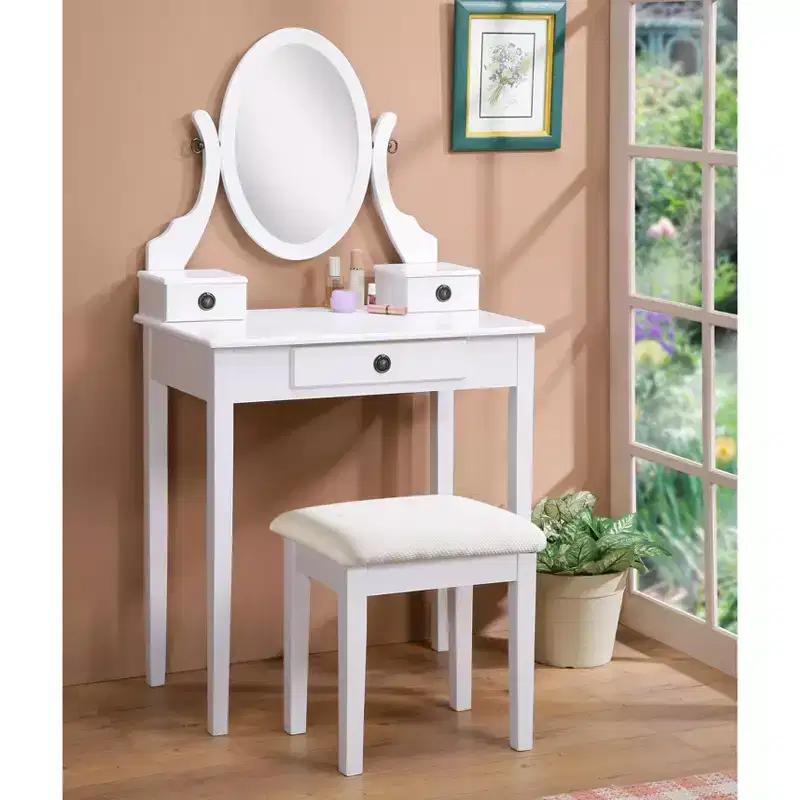 Okak Vanity Table and Chair Set, Wooden Makeup Vanity Table and Stool Set for Bedroom Living Room, with Elegant Mirror Oval Shape, White