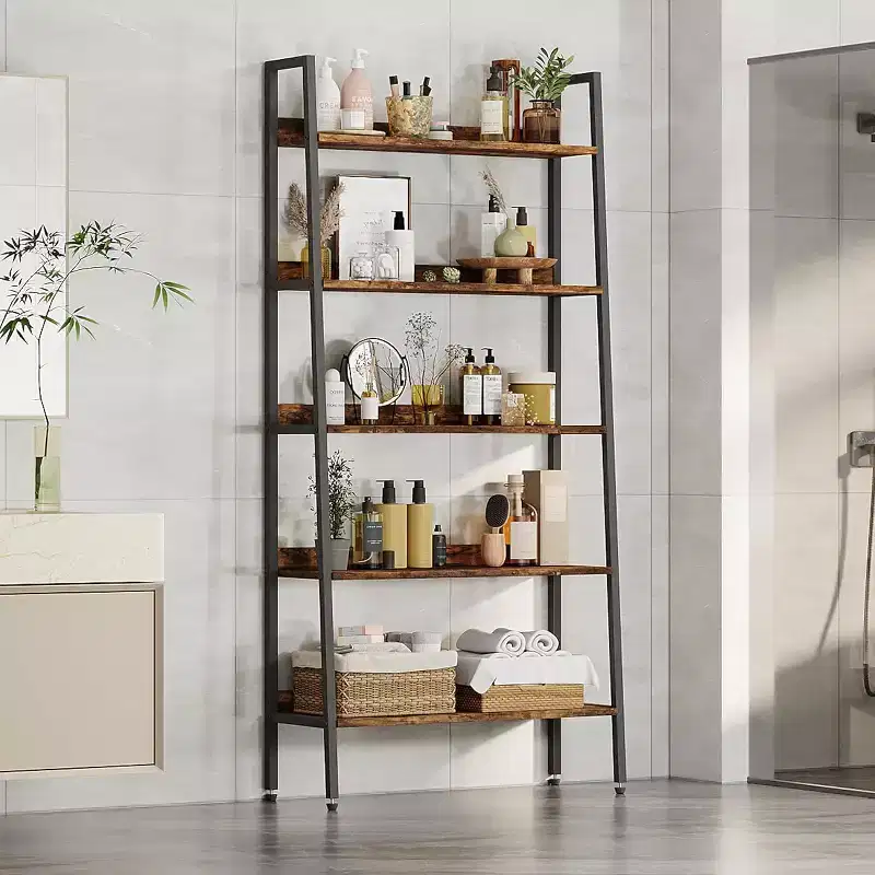 Tall Bookshelf, 5-Tier Bookcase with Open Shelves, Farmhouse Wood Storage Rack with Adjustable Feet, Metal Frame Book Shelf Organizer for Bedroom