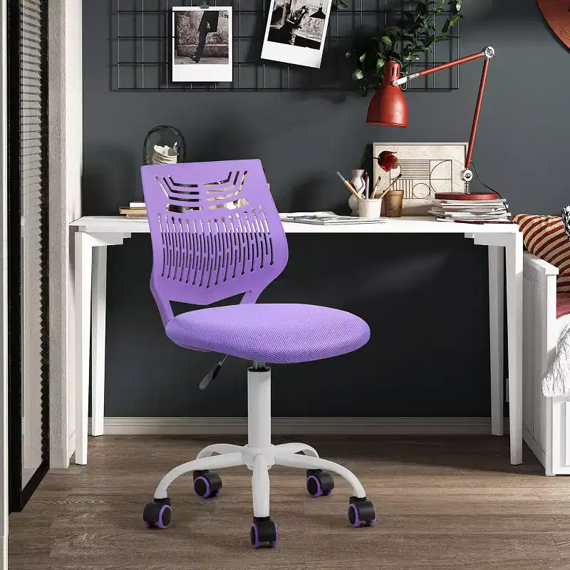 FurnitureR Desk Chair Armless Cute, Armless Small Computer Study Task Chair Adjustable Swivel Low Back with Rolling Wheels for Teens Students, PURPLE