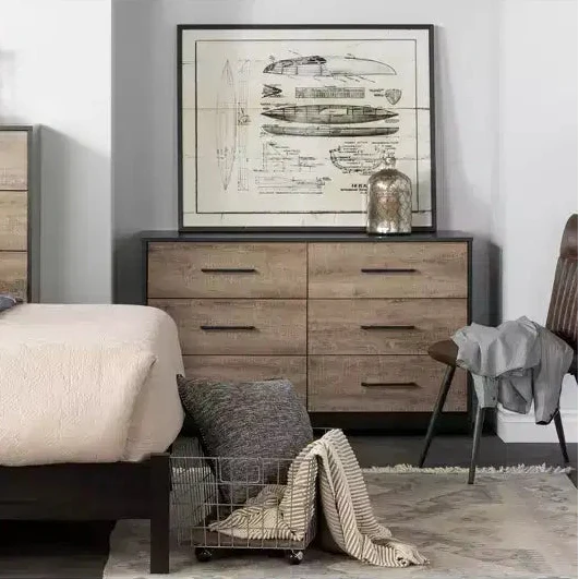 6-Drawer Double-Wide Chest (Distressed Black/Weathered Oak): Modern-style storage unit with metal glides