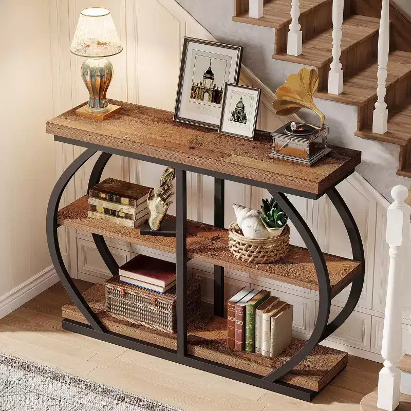 Lantine 41.3 Industrial Console Table with 3-Tier, Arched Metal Frame and Storage Shelves, Mix Brown, suitable for Living Room, Hallway.