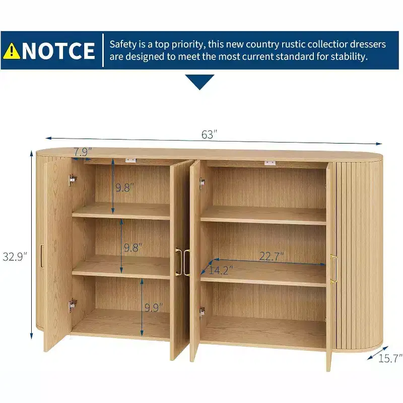 63 Modern Sideboard Buffet Cabinet, Fluted Accent Credenza with Curved Edges & Adjustable Shelves, Storage Console Table for Dining Room, Oak