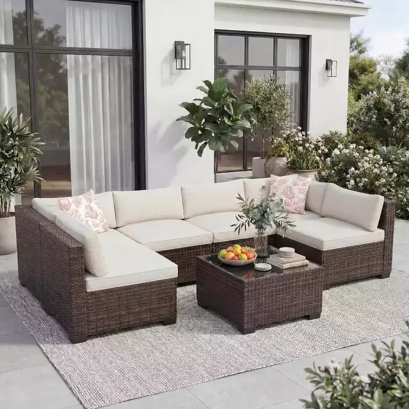 7 Piece Outdoor Patio Furniture Set, PE Rattan Wicker Sectional Sofa Set with Thick Cushions & Coffee Table, Modular Conversation Set for Garden