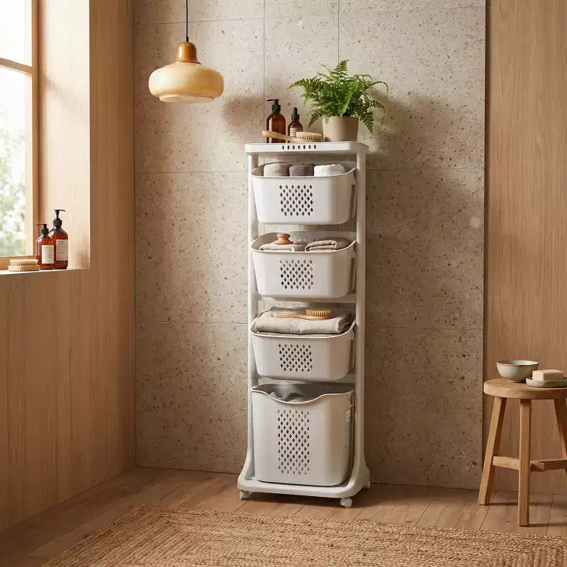 JVNOXK White 4-Tier Rolling Laundry Sorter with Removable Baskets & Wheels, Laundry Storage Organizer Cart for Bathroom Laundry Room