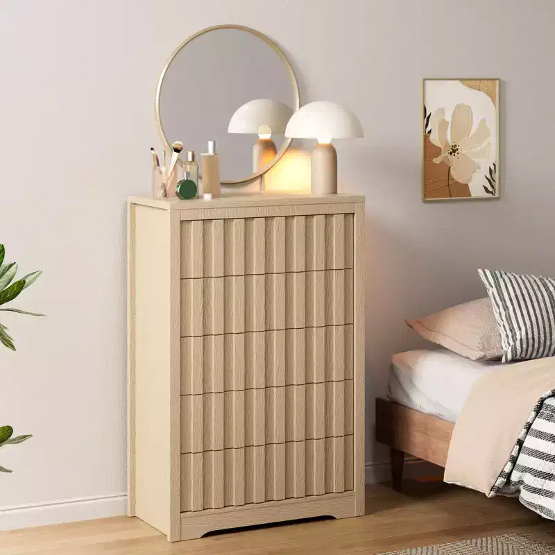 GustoWave Fluted Dresser for Bedroom with 5 Drawers,Chest of Drawers,Wooden Dresser TV Stand, Wood Clothes Closet Organizer with Deep Storage