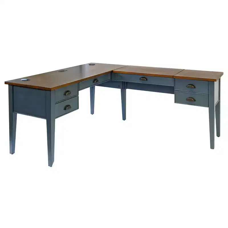 L-Shaped Pedestal Writing Desk - Blue, USB & Charging Station
