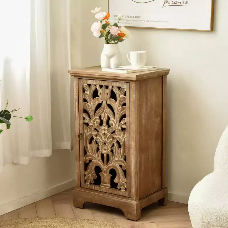 Vintage Hollow Carved Door End Table, 18x14x30.5 in, Storage Cabinet with Decorative Panel, Natural