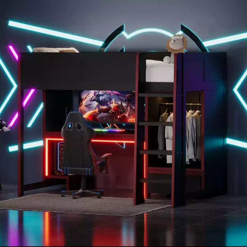 Twin/Full Gaming Loft Bed with Desk and LED Lights, Wood Loft Bed with Built-in Wardrobe and Drawers