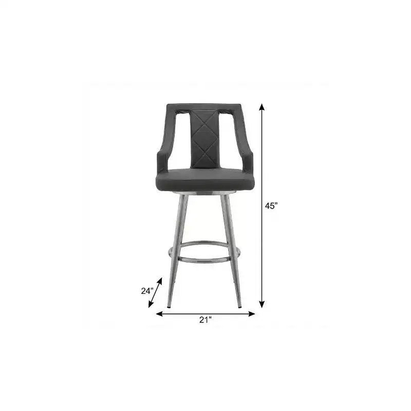 29 Gray And Silver Faux Leather And Iron Swivel Bar Height Bar Chair