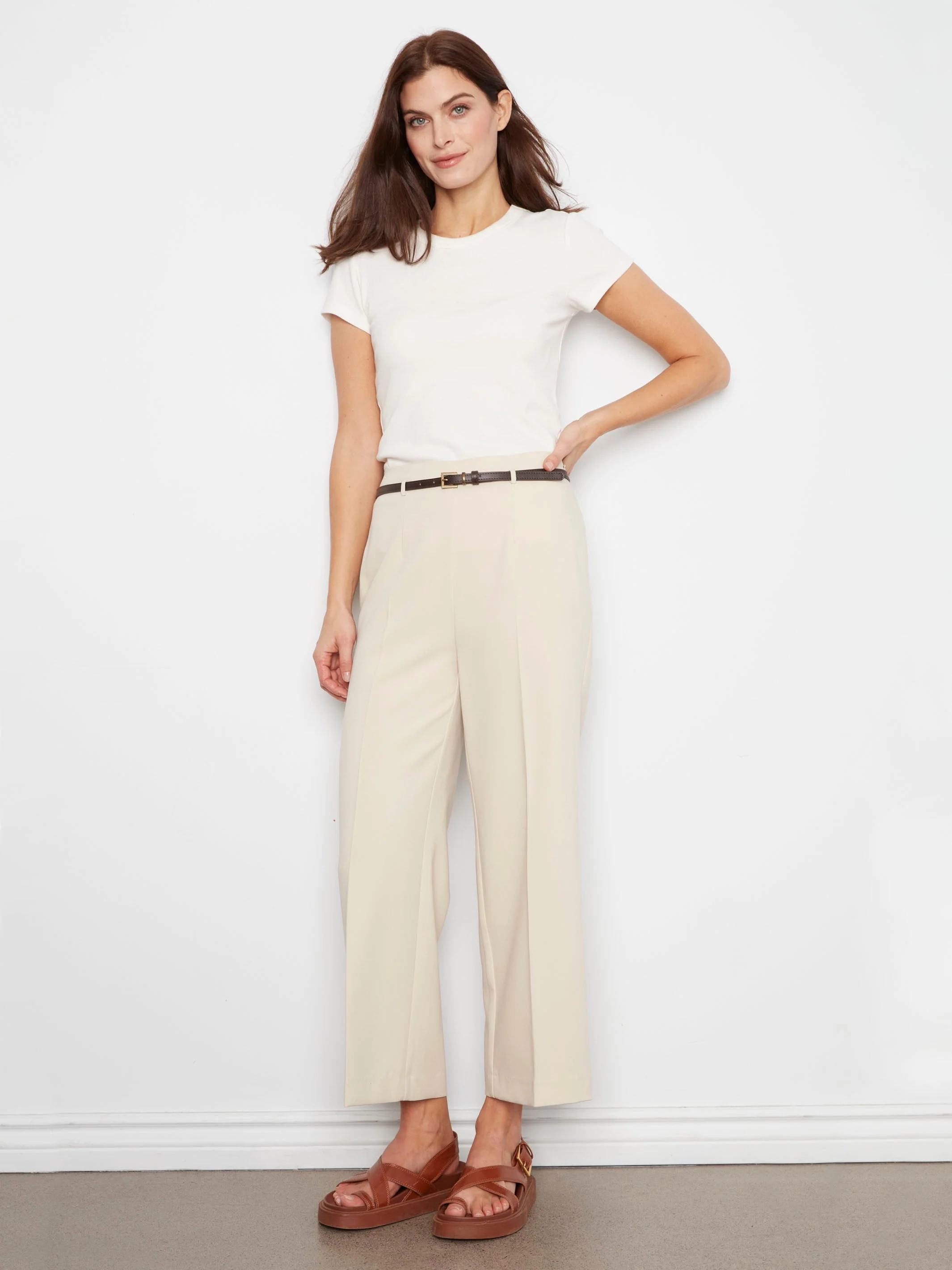 Cropped Dressy Belted Pants - Beige