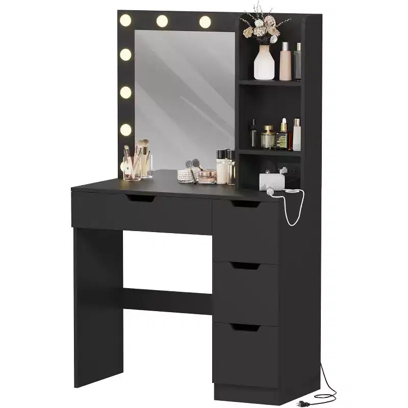55 Tall Makeup Vanity Table, Vanity Desk with Mirror and Lights In 3 Colors, Storage Shelves and Cabinet Drawer Chest Dressing Table, for Bedroom