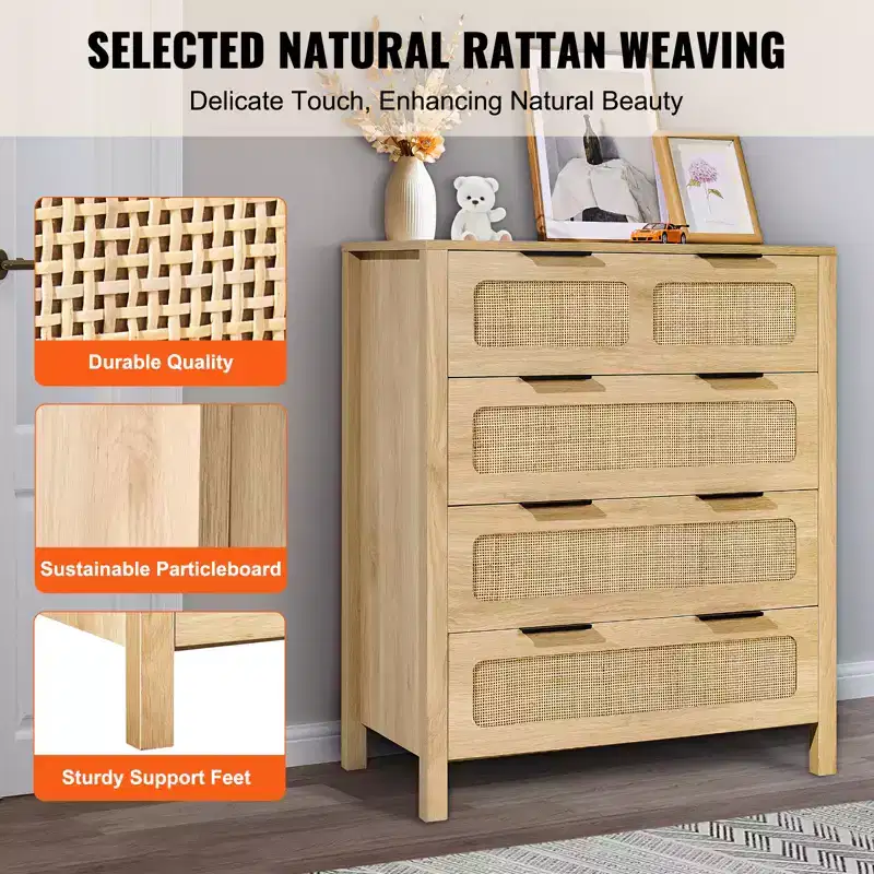 4-Drawer Rattan Boho Dresser – Natural Wood Finish, Chest of Drawers