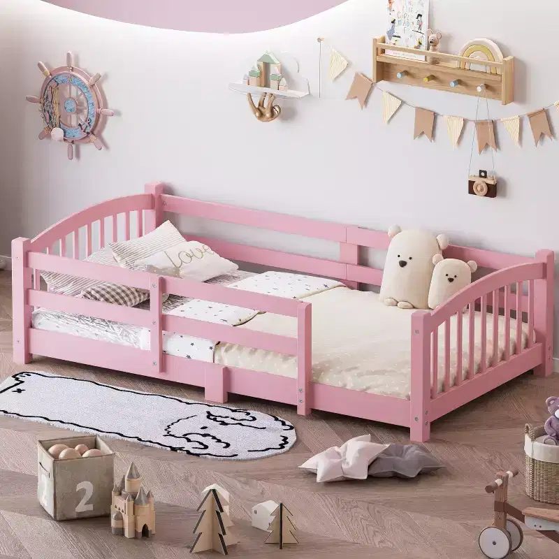 Twin Montessori Floor Bed with Slats and Guardrails, Solid Wood Kids Floor Bed with Fence, Pink