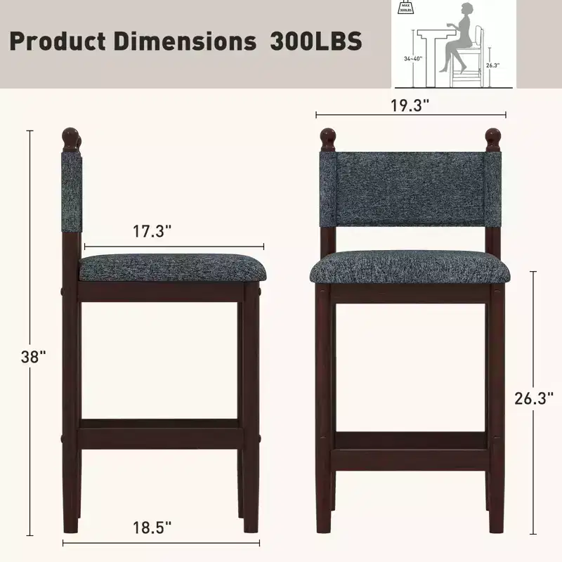 Bestier Upholstered Bar Stools with Fabric Backrest, Wooden Frame and Sturdy Legs,set of 2