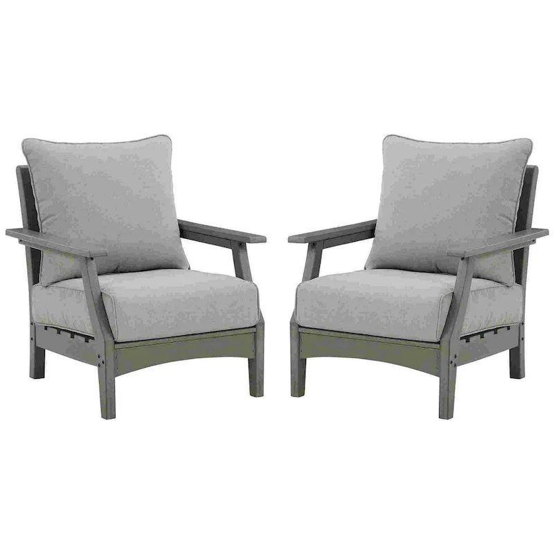 Outdoor Lounge Chair with Slatted Design and Cushions, Set of 2, Gray