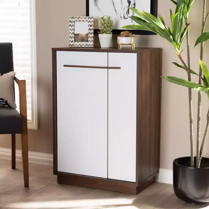 Walnut Finished Wood Shoe Cabinet White - Entryway Storage, 15-Pair Organizer