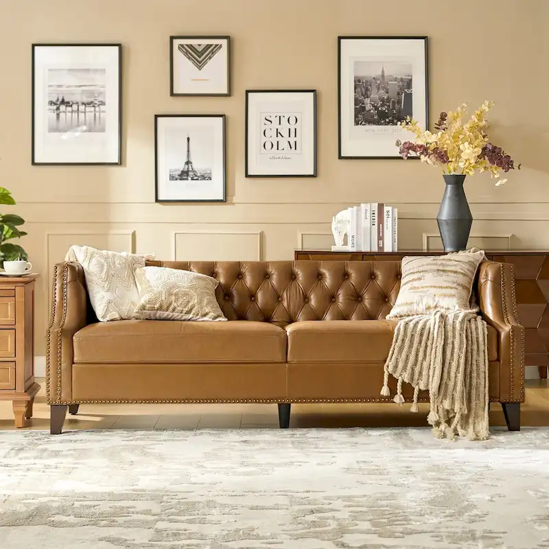 Chesterfield Genuine Leather Sofa with Button Tufting, Nailhead Trim and Solid Wood Legs – Saddle / Black / Camel, 3-Person Use