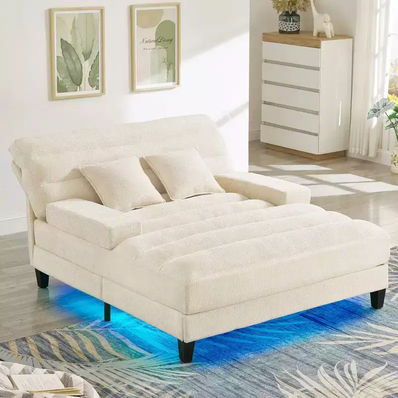 Modern Comfy Chaise Lounge Sleeper Sofa Bed with Adjustable Backrest & LED Light, Upholstered Deep Seat Sofa Couch for Living Room