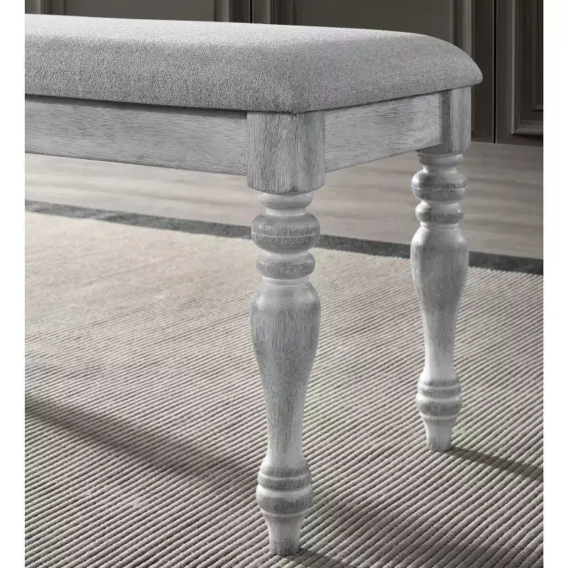 Upholstered Turned Leg Dining Bench, Rustic White