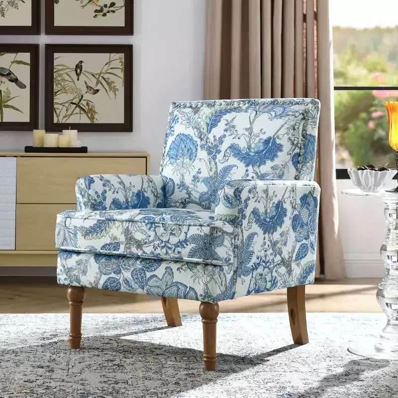 Farmhouse Upholstered Floral Accent Armchair with Nailhead Trim & Solid Wood Legs