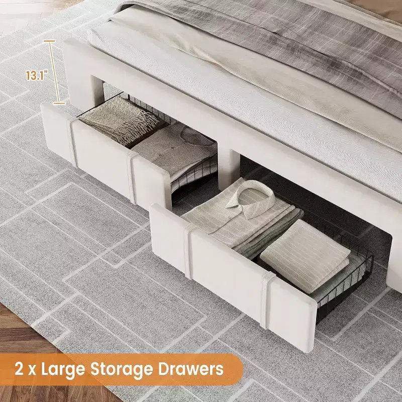 DobleePy Size Beige Upholstered Platform Bed Frame with Storage Drawers, Wooden Slats Support, No Box Spring Needed, Easy Assembly