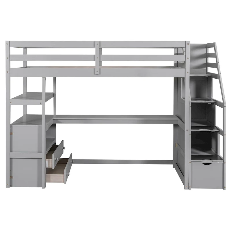 Twin Size Loft Bed with Desk and Shelves, Two Built-in Drawers, Storage Staircase