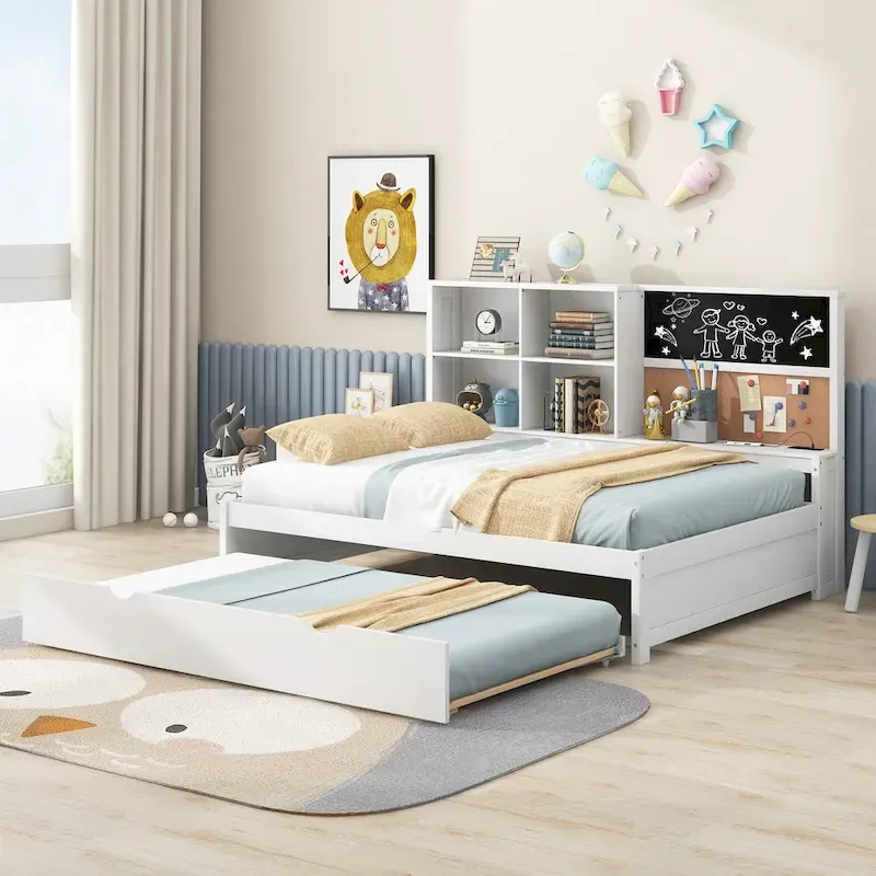 Full Pine Daybed with Blackboard, USB & Trundle