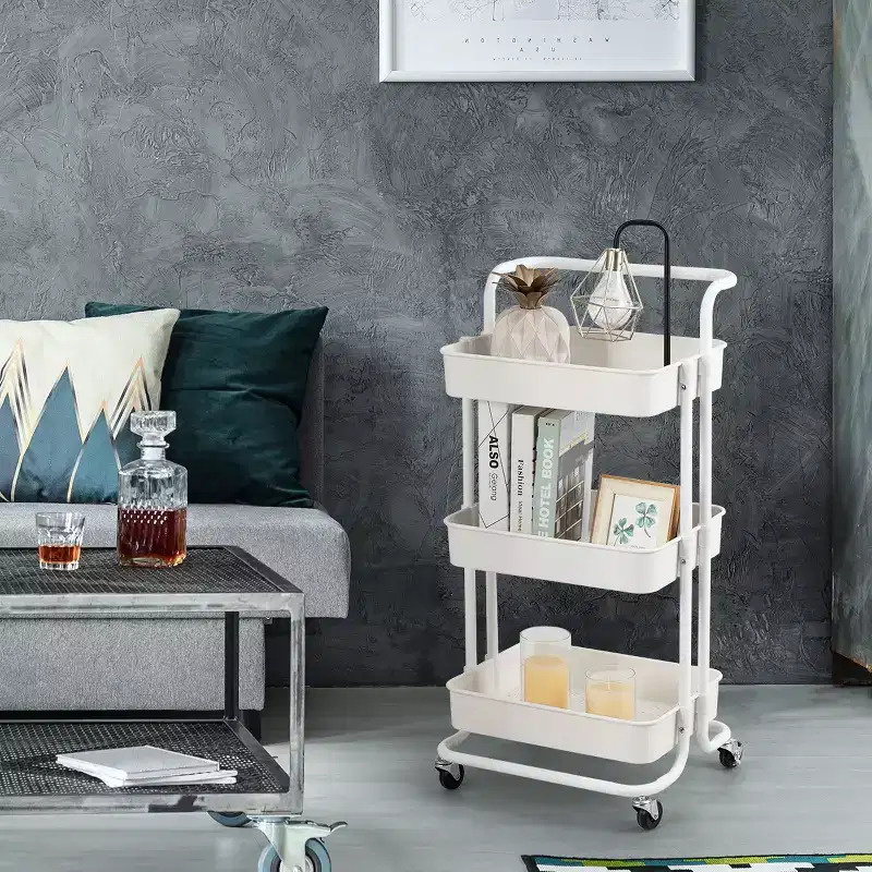 Costway 3 Tier Rolling Cart W/Wheels Practical Handle&ABS Storage Basket Organizer White