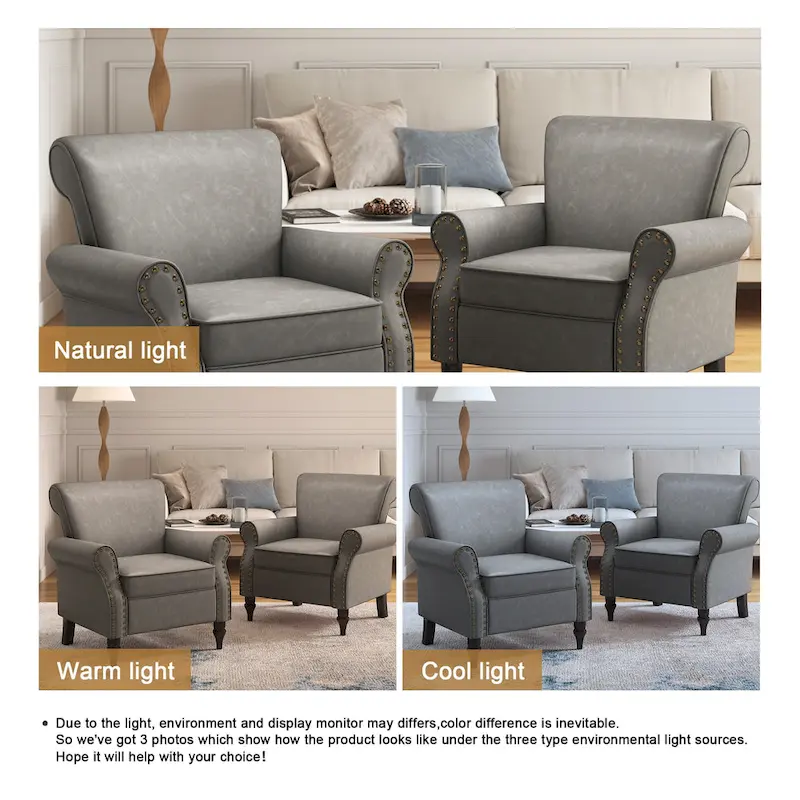 Rolled Armrests PU Accent Chair with Nailhead Trim (Set of 2)