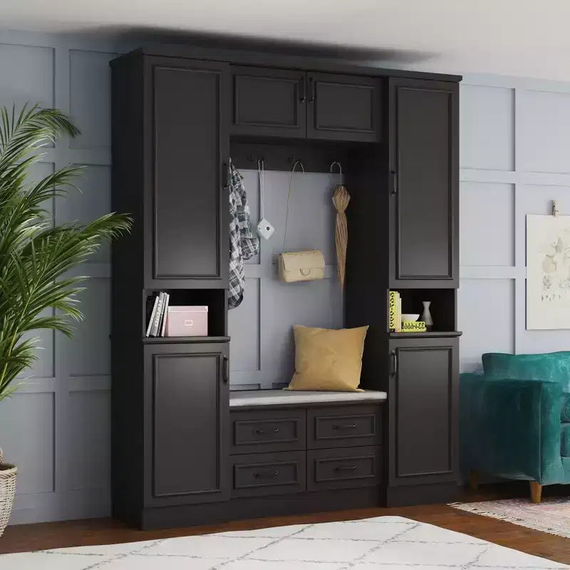Black 6-Door Wardrobe Closet Hall Tree with Bench, Hanging Rods and Hooks