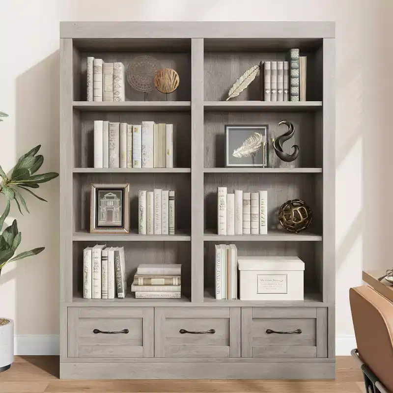 64 Tall Wooden Bookshelf with 3 Storage Drawers & 4-Tier Open Shelves  Large Bookcase for Library, Office & Living Room