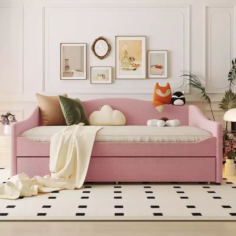 Bellemave Full Size Upholstered Daybed with Trundle, Teddy Fleece Frame, Tufted Sofa Bed with LED Light for Bedroom, Living Room, Guest, Pink