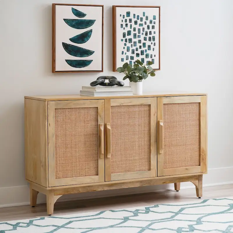 Natural Mango Wood Cane 3-Door Cabinet