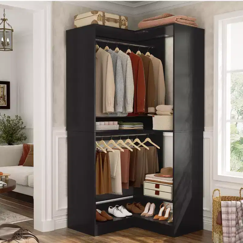 Besiost Freestanding Corner Closet System with 2 Hanging Rods and Shoes Shelf