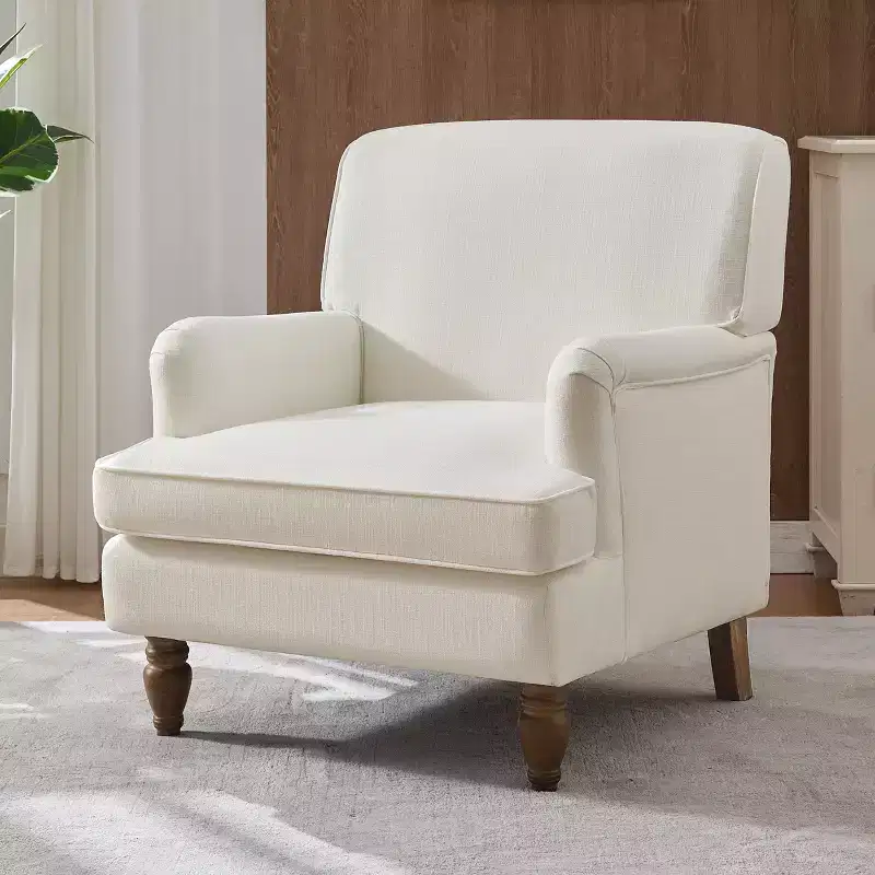 vintage upholstered linen armchair cream solid wood legs rolled arms thick cushion accent chair for living room bedroom
